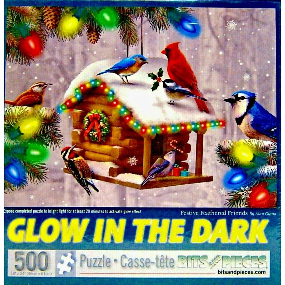 Festive Holiday Puzzle Feathered Friends 500 Pc Glow In The Dark Bits And Pieces